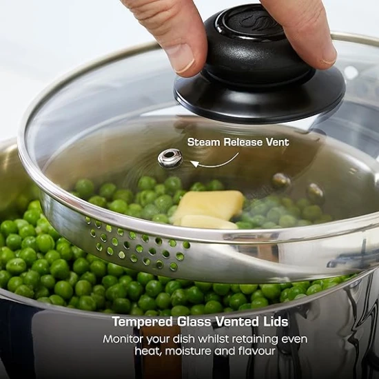 Swan Townhouse 3 Piece Stainless Steel Saucepan Set with 16/18/20cm Saucepans with Glass Lids, Suitable for All Hob Types (including induction), Stainless Steel
