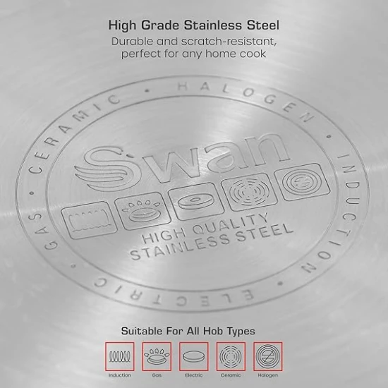 Swan Townhouse 3 Piece Stainless Steel Saucepan Set with 16/18/20cm Saucepans with Glass Lids, Suitable for All Hob Types (including induction), Stainless Steel