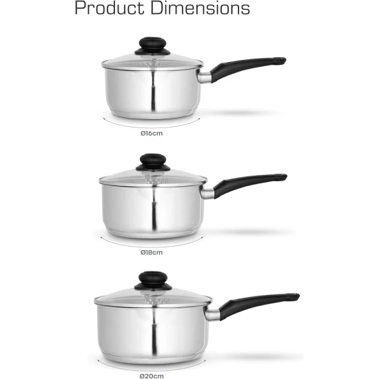 Swan Townhouse 3 Piece Stainless Steel Saucepan Set with 16/18/20cm Saucepans with Glass Lids, Suitable for All Hob Types (including induction), Stainless Steel