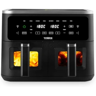 Tower  Vortx Vizion 9L Dual Basket Air Fryer with Digital Control Panel, 8 Cooking Pre-sets, Sync Function & Match Cook Function, Shake Reminder, 2400W, Black