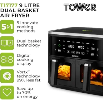 Tower  Vortx Vizion 9L Dual Basket Air Fryer with Digital Control Panel, 8 Cooking Pre-sets, Sync Function & Match Cook Function, Shake Reminder, 2400W, Black