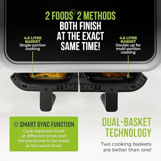 Tower  Vortx Vizion 9L Dual Basket Air Fryer with Digital Control Panel, 8 Cooking Pre-sets, Sync Function & Match Cook Function, Shake Reminder, 2400W, Black