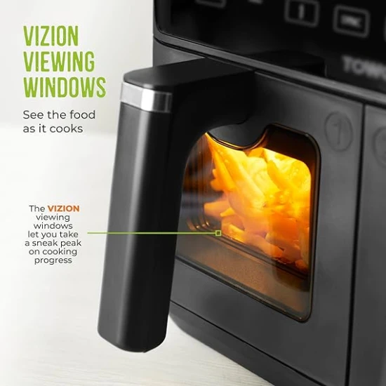 Tower  Vortx Vizion 9L Dual Basket Air Fryer with Digital Control Panel, 8 Cooking Pre-sets, Sync Function & Match Cook Function, Shake Reminder, 2400W, Black