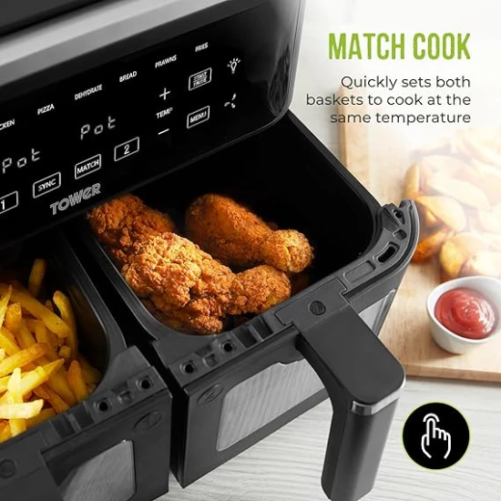 Tower  Vortx Vizion 9L Dual Basket Air Fryer with Digital Control Panel, 8 Cooking Pre-sets, Sync Function & Match Cook Function, Shake Reminder, 2400W, Black