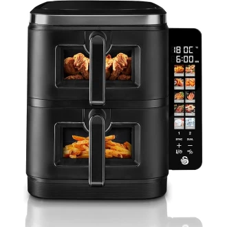 Swan  11L Twin Stack Air Fryer, Swan Cyclone Technology, Two 5.5L Baskets, Space-Saving Vertical Stack Design, Foldable Digital Touch Display, Dual Cook Functions,10 Pre-Sets, 2800W Black