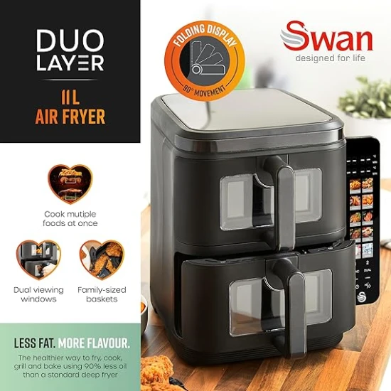 Swan  11L Twin Stack Air Fryer, Swan Cyclone Technology, Two 5.5L Baskets, Space-Saving Vertical Stack Design, Foldable Digital Touch Display, Dual Cook Functions,10 Pre-Sets, 2800W Black