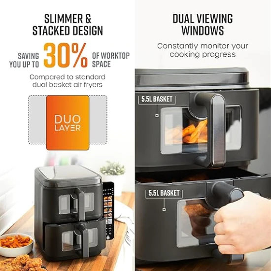 Swan  11L Twin Stack Air Fryer, Swan Cyclone Technology, Two 5.5L Baskets, Space-Saving Vertical Stack Design, Foldable Digital Touch Display, Dual Cook Functions,10 Pre-Sets, 2800W Black