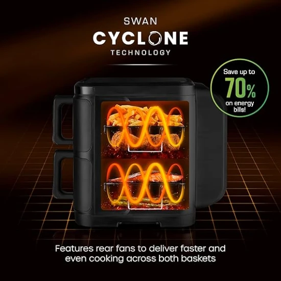 Swan  11L Twin Stack Air Fryer, Swan Cyclone Technology, Two 5.5L Baskets, Space-Saving Vertical Stack Design, Foldable Digital Touch Display, Dual Cook Functions,10 Pre-Sets, 2800W Black