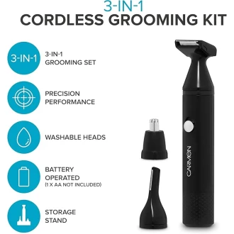 Carmen  Signature 3-in-1 Grooming Kit, Nose, Beard & Eyebrow Timer, Washable Heads, Battery Operated, Graphite and Silver