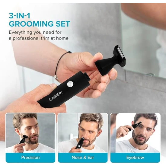 Carmen  Signature 3-in-1 Grooming Kit, Nose, Beard & Eyebrow Timer, Washable Heads, Battery Operated, Graphite and Silver