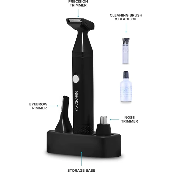 Carmen  Signature 3-in-1 Grooming Kit, Nose, Beard & Eyebrow Timer, Washable Heads, Battery Operated, Graphite and Silver