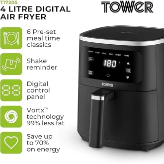 Tower  Digital Single Basket Air Fryer, 4L Capacity, Overheat Protection, 1300W, Black, Medium