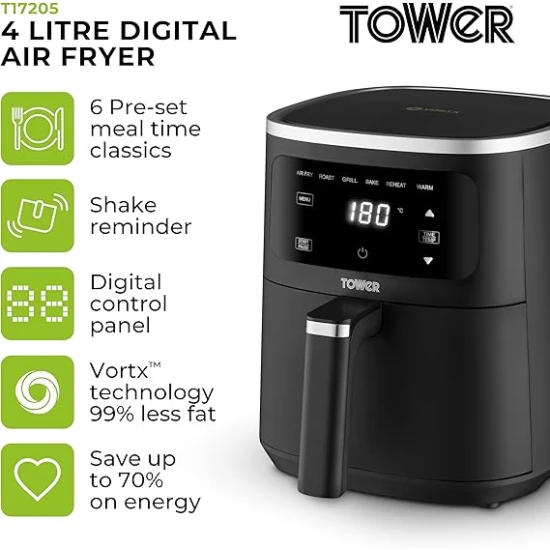 Tower  Digital Single Basket Air Fryer, 4L Capacity, Overheat Protection, 1300W, Black, Medium