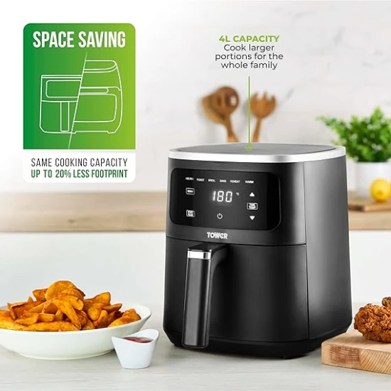 Tower  Digital Single Basket Air Fryer, 4L Capacity, Overheat Protection, 1300W, Black, Medium
