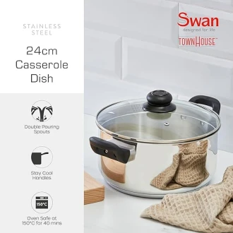 Swan Townhouse 24cm Stainless Steel Casserole Dish with Glass Lid, Suitable for All Hob Types (Including Induction), Dishwasher Safe, Stainless Steel