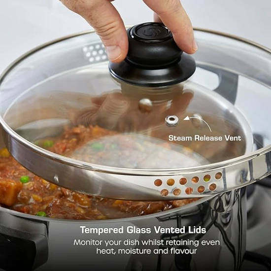 Swan Townhouse 24cm Stainless Steel Casserole Dish with Glass Lid, Suitable for All Hob Types (Including Induction), Dishwasher Safe, Stainless Steel