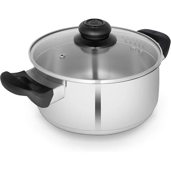 Swan Townhouse 24cm Stainless Steel Casserole Dish with Glass Lid, Suitable for All Hob Types (Including Induction), Dishwasher Safe, Stainless Steel