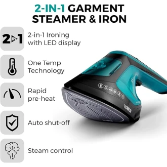 Tower 2-in-1 Hand Garment Steamer with Iron Feature, Digital LED Display, One Temperature Technology, Double Soleplate, 25 Second Heat-up, Black and Teal