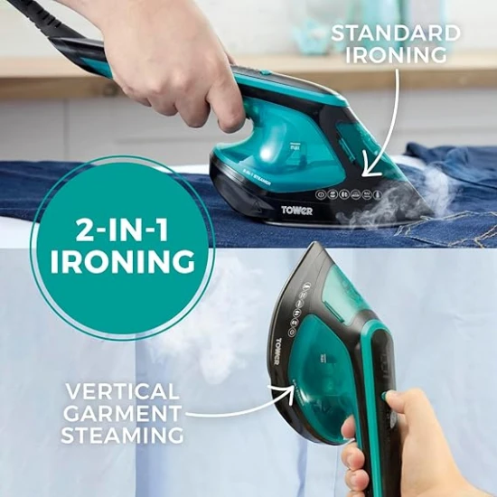 Tower 2-in-1 Hand Garment Steamer with Iron Feature, Digital LED Display, One Temperature Technology, Double Soleplate, 25 Second Heat-up, Black and Teal
