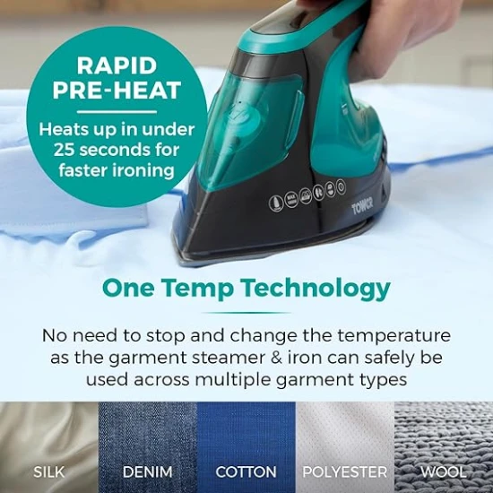 Tower 2-in-1 Hand Garment Steamer with Iron Feature, Digital LED Display, One Temperature Technology, Double Soleplate, 25 Second Heat-up, Black and Teal