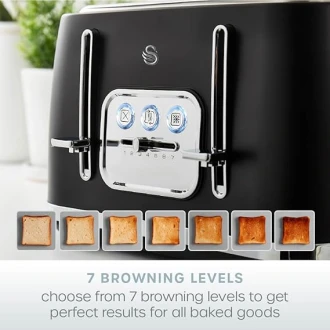Swan Serenity 4 Slice Toaster with Matt Finish ,6 Browning Levels, Temperature Control, Reheat and Defrost Functions, 2100W, Black