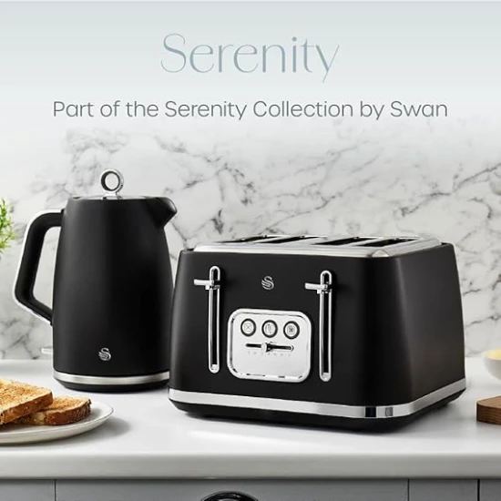 Swan Serenity 4 Slice Toaster with Matt Finish ,6 Browning Levels, Temperature Control, Reheat and Defrost Functions, 2100W, Black