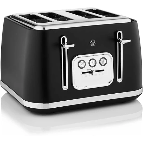 Swan Serenity 4 Slice Toaster with Matt Finish ,6 Browning Levels, Temperature Control, Reheat and Defrost Functions, 2100W, Black