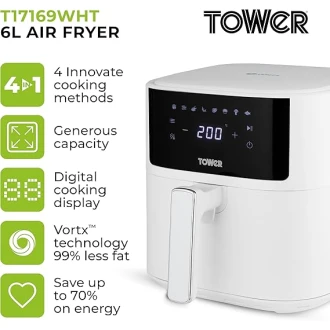 Tower Vortx Air Fryer with Digital Control Panel, 8 Pre-Set Cooking Functions, 1700W, 6L, White