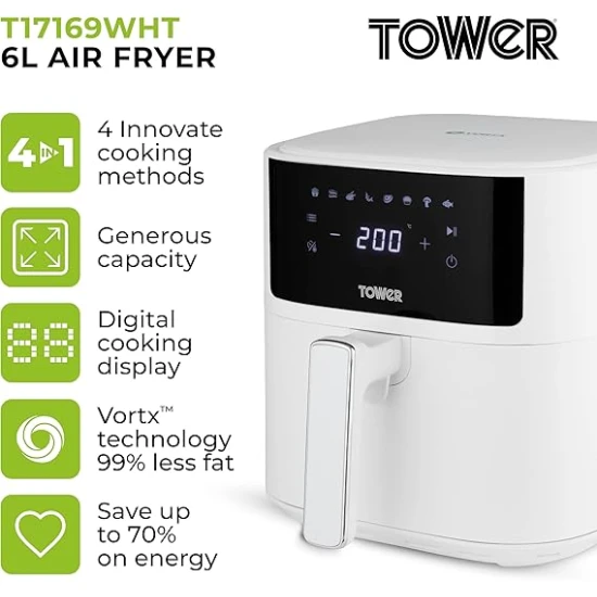 Tower Vortx Air Fryer with Digital Control Panel, 8 Pre-Set Cooking Functions, 1700W, 6L, White