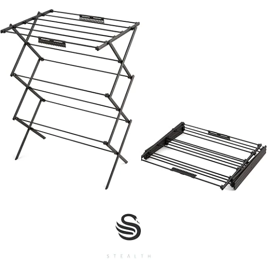 Swan Stealth Ultra-Compact 3 Tier Concertina Airer with 10m of Drying Space, Multiple Heights, Foldable Design, 15kg Weight Capacity, Black