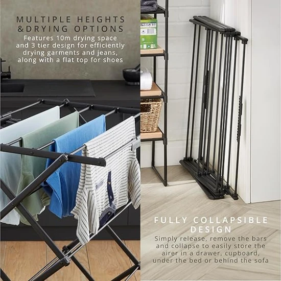 Swan Stealth Ultra-Compact 3 Tier Concertina Airer with 10m of Drying Space, Multiple Heights, Foldable Design, 15kg Weight Capacity, Black