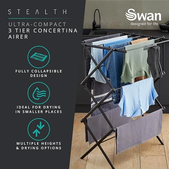 Swan Stealth Ultra-Compact 3 Tier Concertina Airer with 10m of Drying Space, Multiple Heights, Foldable Design, 15kg Weight Capacity, Black