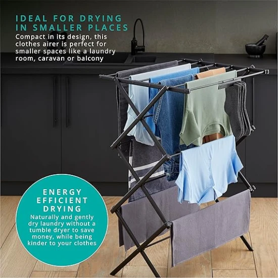 Swan Stealth Ultra-Compact 3 Tier Concertina Airer with 10m of Drying Space, Multiple Heights, Foldable Design, 15kg Weight Capacity, Black