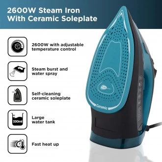 BLACK + DECKER  Steam Iron with Ceramic Soleplate, 2600W, Black and Aqua