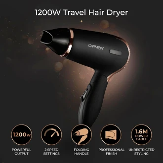 Carmen Noir Lightweight Travel Hair Dryer with Concentrator Nozzle and Foldable Handle, 1200W, Black and Copper