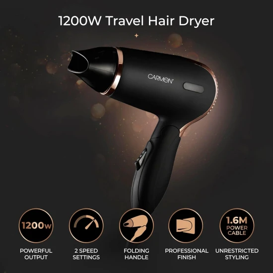 Shop quality Carmen Noir Lightweight Travel Hair Dryer with Concentrator Nozzle and Foldable Handle, 1200W, Black and Copper in Kenya from vituzote.com Shop in-store or online and get countrywide delivery!