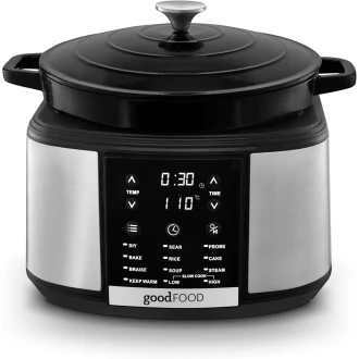 Good Food Electrical Dutch Oven with 12 Cooking Pre-sets, 1500W, Black & Stainless Steel - Slow, Sear, Cake, Braise, Rice, Steam, Bake, Soup, Prob + Keep Warm