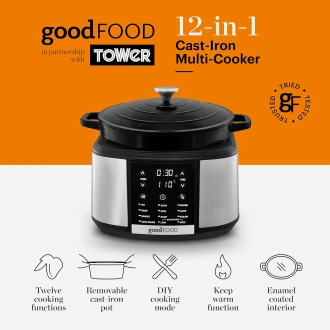 Good Food Electrical Dutch Oven with 12 Cooking Pre-sets, 1500W, Black & Stainless Steel - Slow, Sear, Cake, Braise, Rice, Steam, Bake, Soup, Prob + Keep Warm