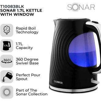 Tower Sonar Textured Kettle with Large Viewing Window & Blue Light, 360 Degree Base, 3000W, 1.7L, Black