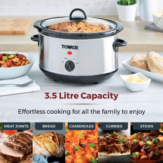 Tower Slow Cooker with 3 Heat Settings and Removable Dishwasher Safe Pot, 3.5 Litre, Stainless Steel
