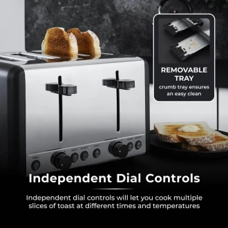 Tower Sera 4 Slice Toaster with 6 Browning Levels, Removable Crumb Tray, Defrost/Reheat/Cancel Functions, 1800W, Black