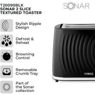 Tower 2-Slice Toaster with 7 Browning Levels, Defrost, Reheat & Cancel Settings, Removable Crumb Tray, 900W, Black
