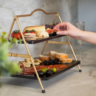 Artesà 2 Tier Gold and Black Metal Serving Stand, 39.3 x 26cm