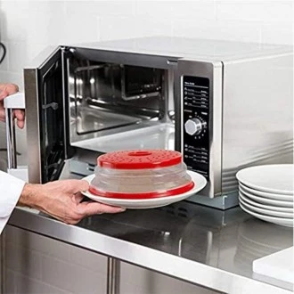 Modane Round Vented Collapsible Microwave Splatter Proof Food Plate Cover With Easy Grip Handle-Red