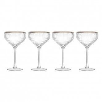 MIKASA Sorrento Ridged Crystal Coupe Glasses with Gold Rim and Wide Shape, 380ml