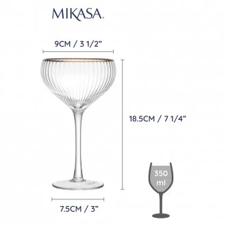 MIKASA Sorrento Ridged Crystal Coupe Glasses with Gold Rim and Wide Shape, 380ml
