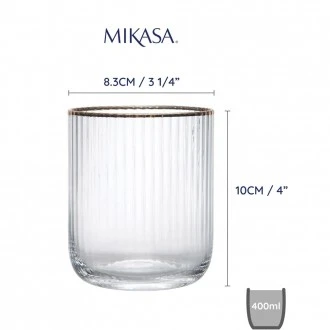 MIKASA Sorrento Ridged Crystal Tumbler Glasses with Gold Rim and Wide Shape, 380ml,