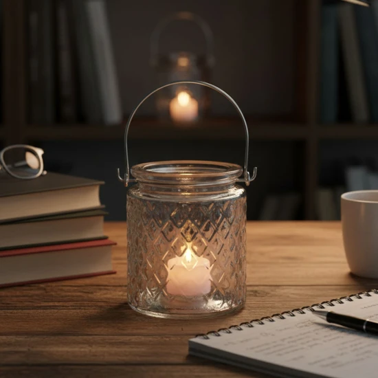 Candlelight 9Cm Glass Jar Lantern Clear ,Diamond Textured