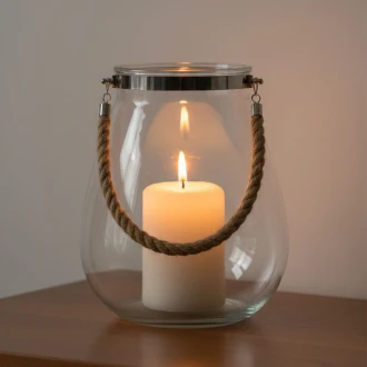 Candlelight Small Glass Hurricane Lamp With Rope Handle -Clear