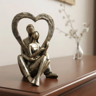 Candlelight Resin Couple Sat Down Holding Heart Ornament - Bronze